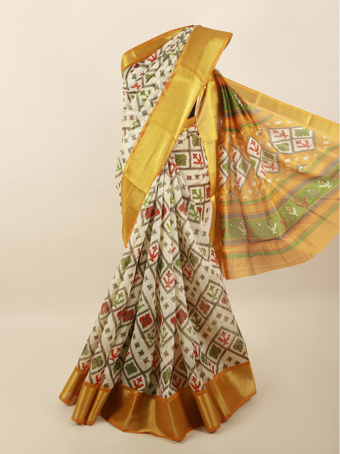 

Pothys Cream-Coloured & Multicoloured Printed Zari Border Saree