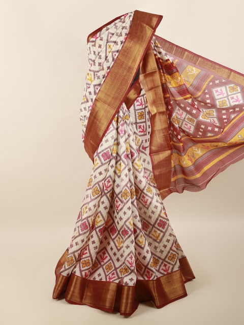 

Pothys Cream-Coloured & Red Printed Zari Border Saree