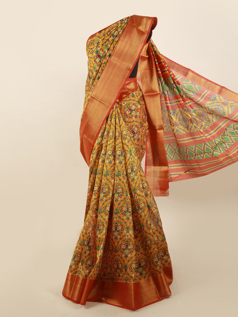

Pothys Yellow & Multicoloured Floral Printed Zari Border Saree