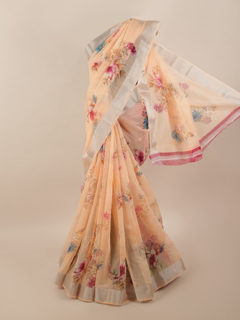 

Pothys Peach-Coloured & Fuchsia Floral Printed Zari Border Saree