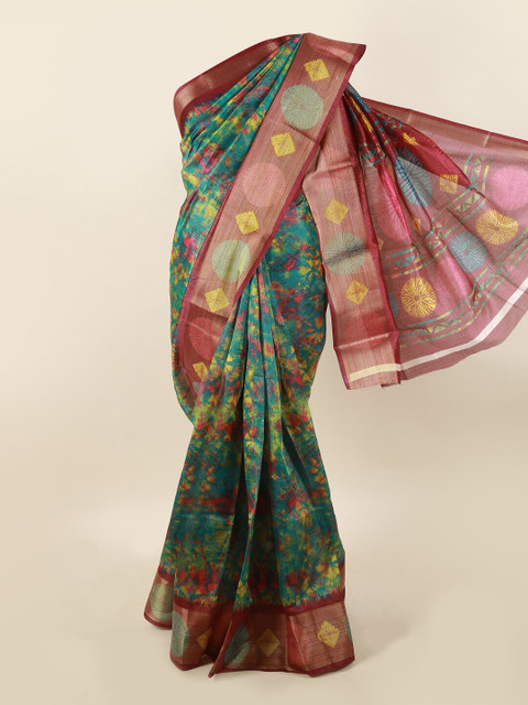 

Pothys Green & Multicoloured Printed Zari Border Saree