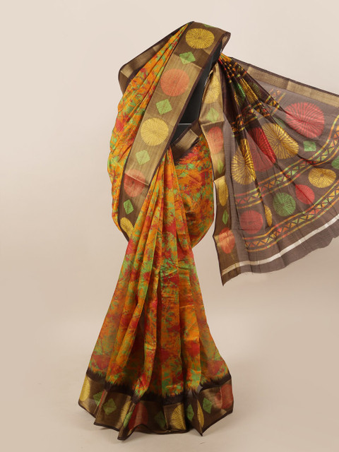 

Pothys Brown & Multicoloured Printed Zari Border Saree