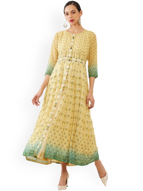 

Soch Women Yellow Checked Flared Sleeves Georgette Anarkali Kurta