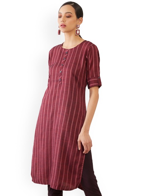 

Soch Women Maroon Striped Mirror Work Pathani Kurta