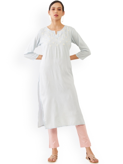 

Soch Women Blue Yoke Design Flared Sleeves Thread Work Kurta