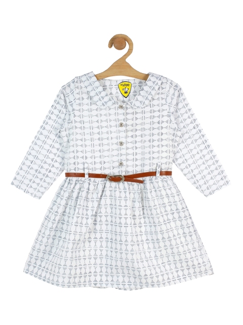 

Lil Lollipop White & Navy Blue Printed Peter Pan Collar Belted Pure Cotton Dress
