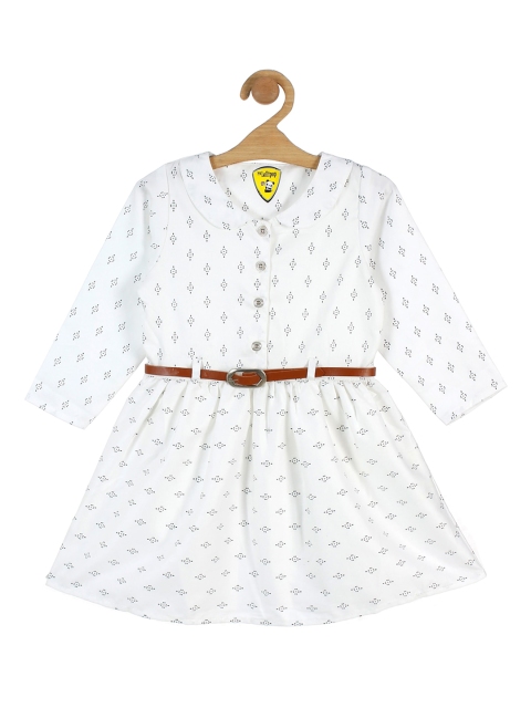 

Lil Lollipop Girls White & Black Printed Peter Pan Collar Belted Pure Cotton Dress