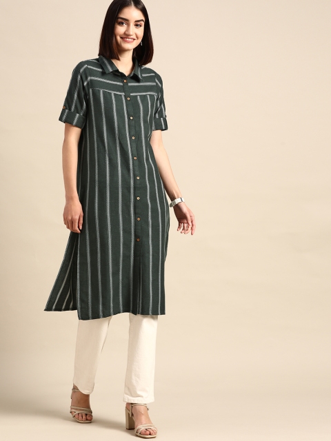 

Anouk Women Green & White Shirt Collar Pathani Yarn Dyed Kurta