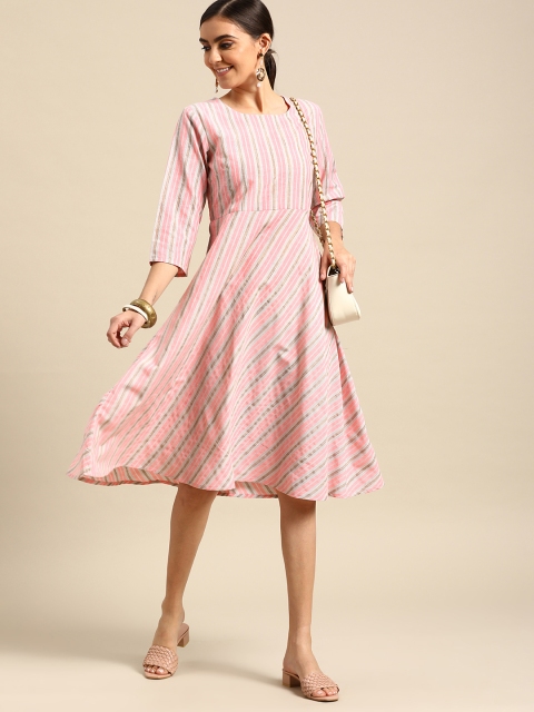 

Anouk Women Pink Striped Yarn Dyed A-Line Dress