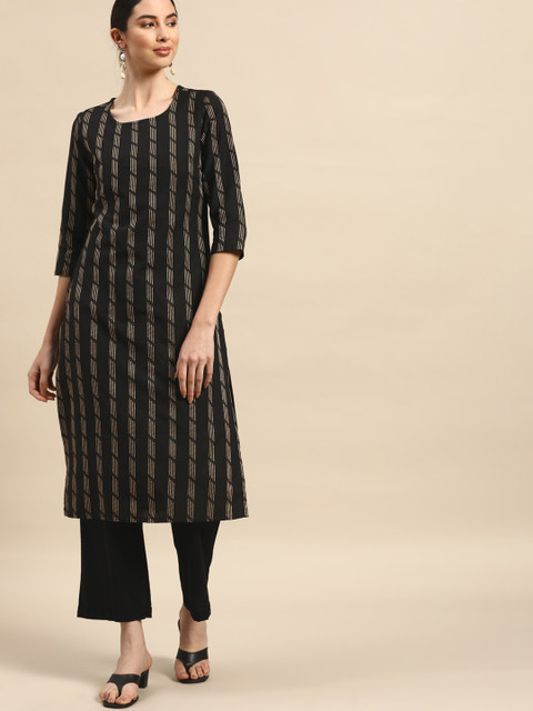

Anouk Women Black & Beige Striped Yarn Dyed Kurta