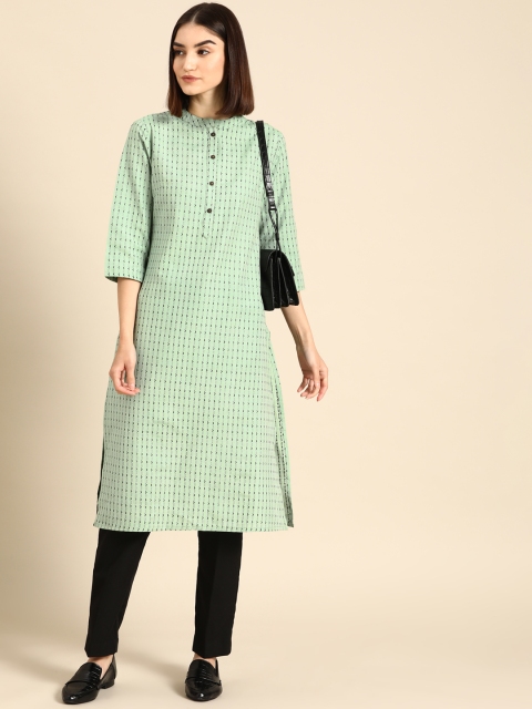 

Anouk Women Green & Black Geometric Pastels Yarn Dyed Kurta