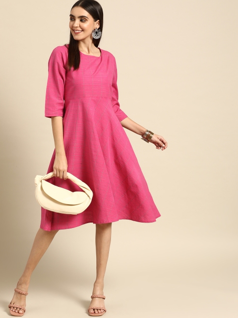 

Anouk Pink Checked Casual A-Line Midi Yarn Dyed Dress