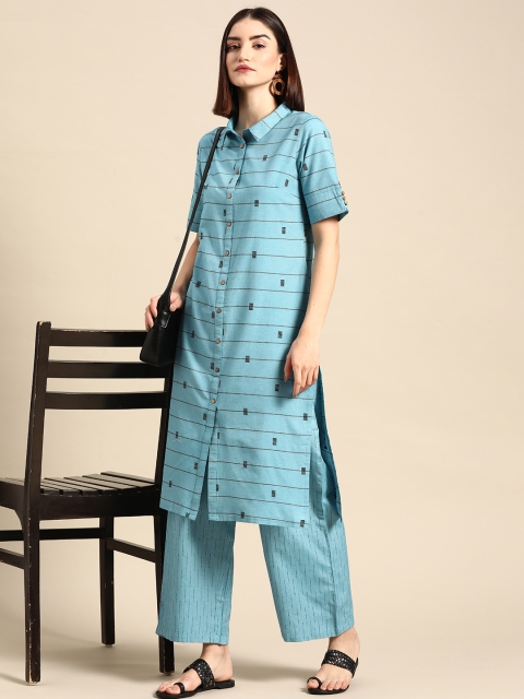 

Anouk Women Blue Striped Yarn Dyed Kurta with Palazzos
