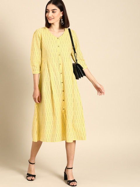 

Anouk Yellow & Black Self Design Striped A-Line Midi Yarn Dyed Dress