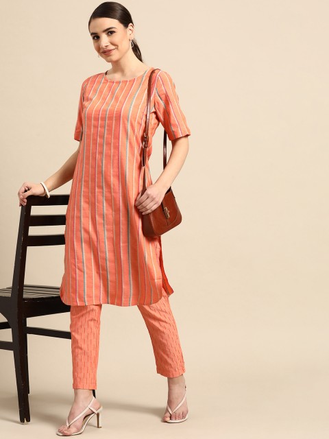 

Anouk Women Cora Pink & Greenl Embroidered Thread Work Striped Yarn Dyed Kurta with Trousers, Coral