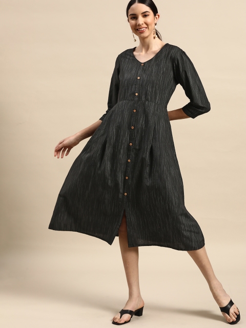 

Anouk Black & Grey Self-Design A-Line Midi Yarn Dyed Dress