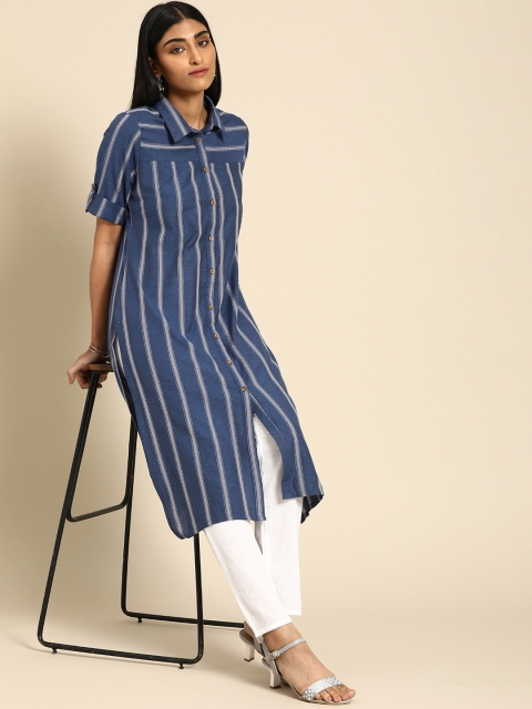 

Anouk Women Blue & White Striped Casual Yarn Dyed Kurta