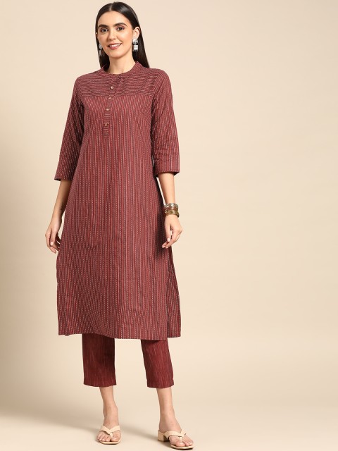 

Anouk Women Maroon Striped Kurta with Yarn Dyed Trousers