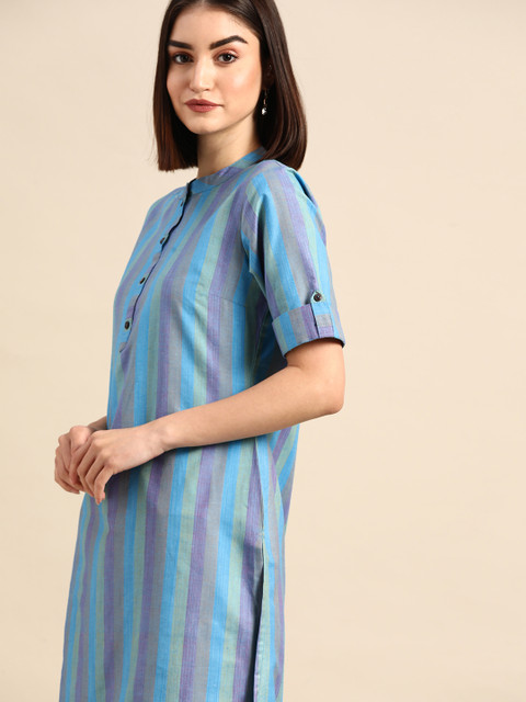 

Anouk Women Blue & Purple Striped Straight Yarn Dyed Kurta