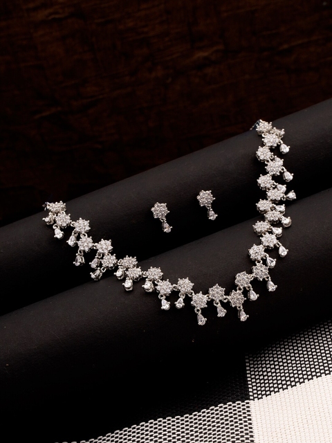 

Voylla Women Silver-Toned Floral Drop Rhodium-Plated Necklace With Earrings
