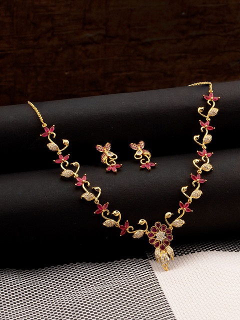 

Voylla Women Gold-Toned & Pink Brass Gold-Plated Enamelled Necklace With Earrings