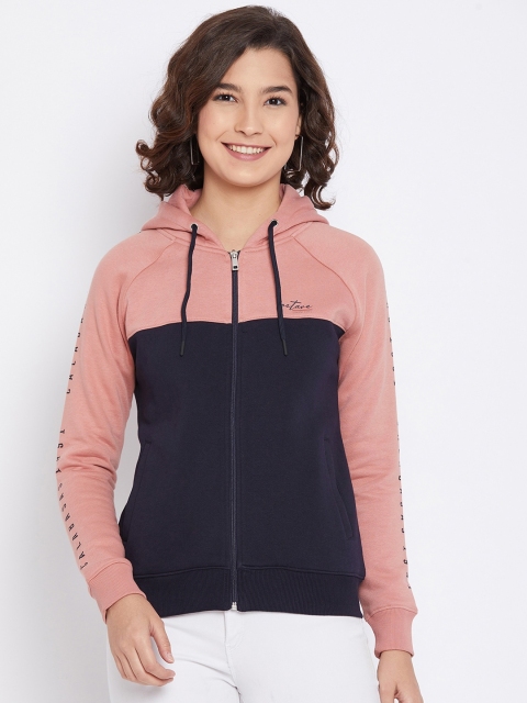 

Octave Women Navy Blue & Pink Colourblocked Hooded Sweatshirt