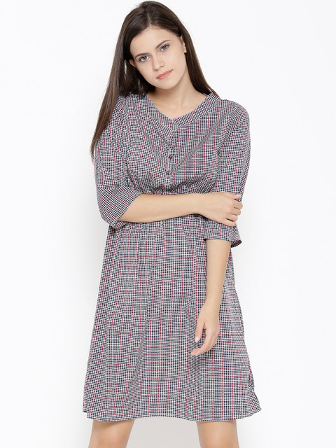 

Sera Women Navy & Off-White Printed Fit & Flare Dress, Navy blue