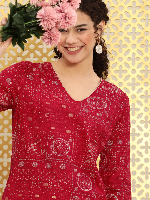 

Ode by House of Pataudi Women Red Geometric Printed Pure Cotton Rozana Straight Kurta