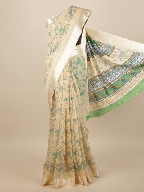 

Pothys Cream-Coloured & Green Floral Printed Zari Saree