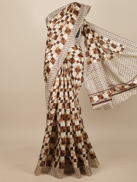 

Pothys Cream-Coloured & Brown Checked Saree