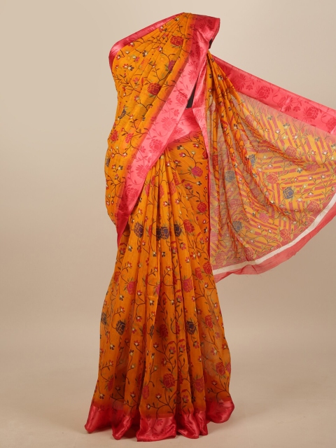 

Pothys Mustard Yellow & Pink Floral Printed Saree