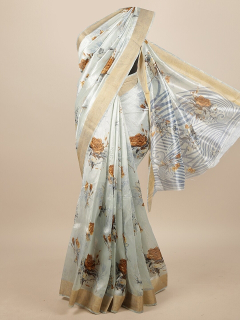 

Pothys Blue & Gold-Toned Floral Printed Saree