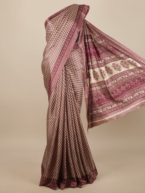 

Pothys Cream-Coloured & Purple Floral Printed Saree