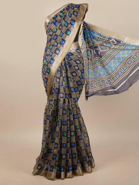 

Pothys Navy Blue & Gold-Toned Geometric Printed Saree