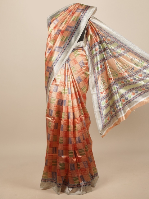 

Pothys Peach-Coloured & Grey Geometric Printed Saree