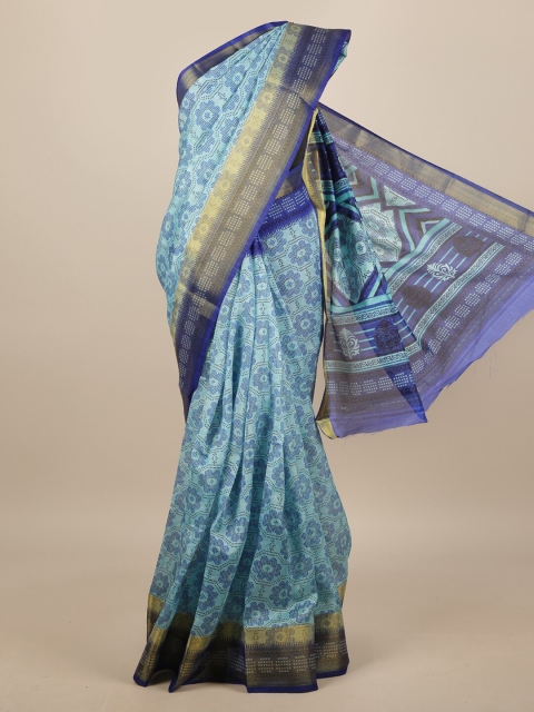 

Pothys Blue & Tan Brown Floral Printed Saree