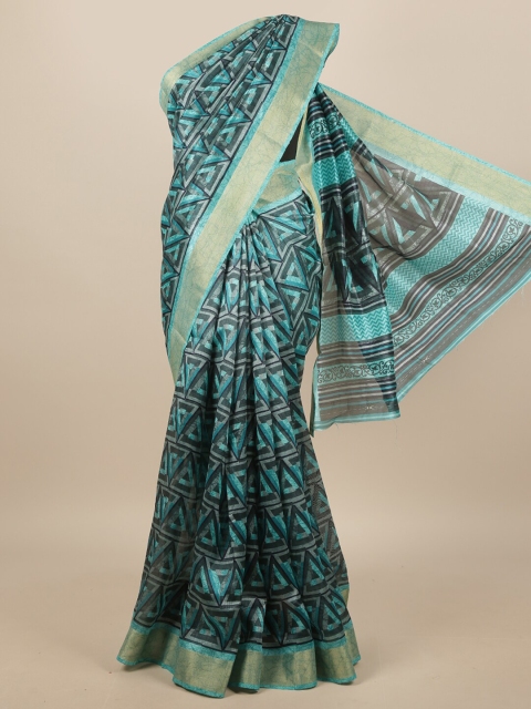 

Pothys Green & Grey Geometric Printed Zari Saree