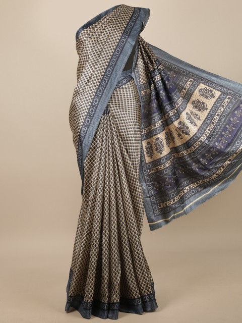 

Pothys Cream-Coloured & Blue Floral Printed Saree