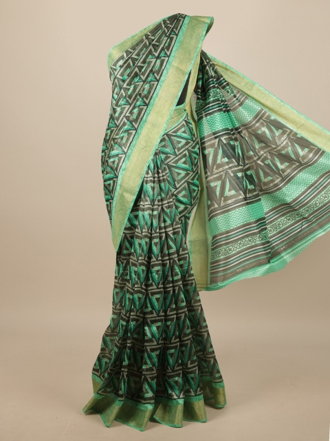 

Pothys Green & Gold-Toned Geometric Printed Zari Saree