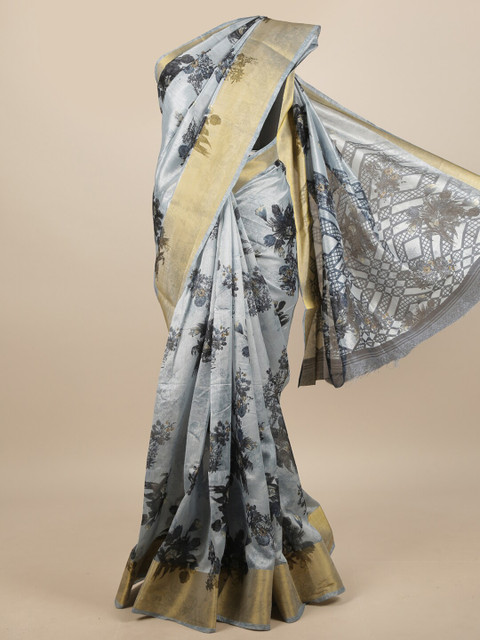 

Pothys Grey & Gold-Toned Floral Printed Zari Saree