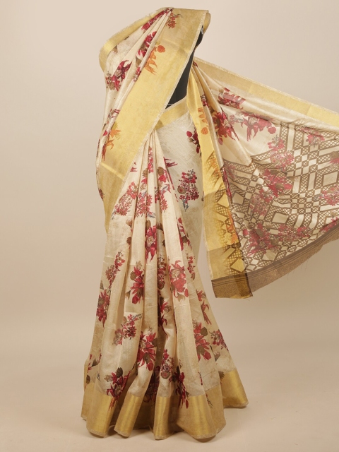 

Pothys Cream-Coloured & Red Floral Printed Zari Saree