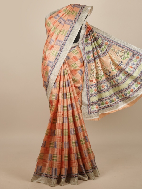 

Pothys Peach-Coloured & Blue Checked Saree