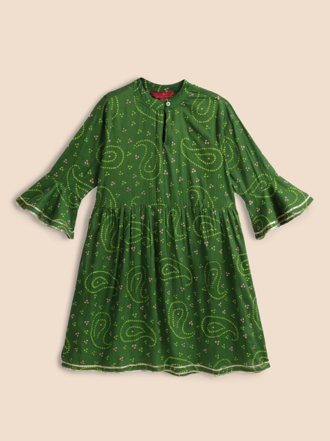 

House of Pataudi Girls Green Bandhani Printed Bell Sleeves Pure Cotton Kurta