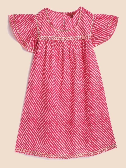 

House of Pataudi Girls Pink & White Cotton Leheriya Print Rozana A-Line Dress