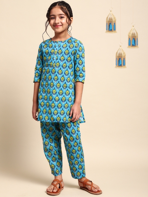 

House of Pataudi Girls Teal Ethnic Motifs Printed Pure Cotton Kurta Set