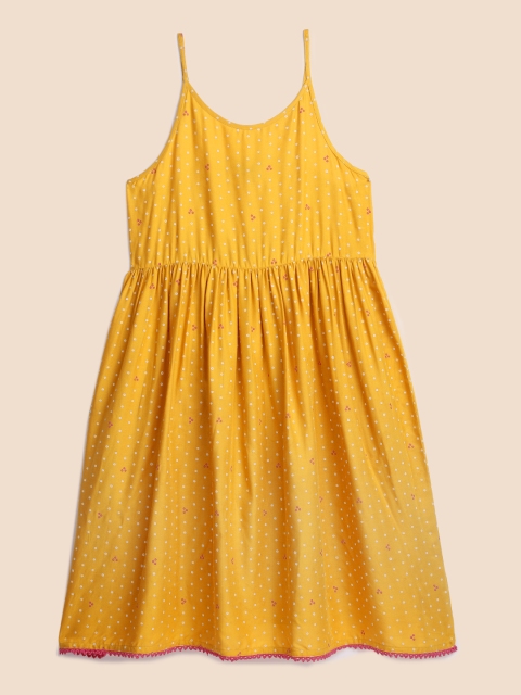 

House of Pataudi Girls Mustard Yellow & White Printed Fit & Flare Dress