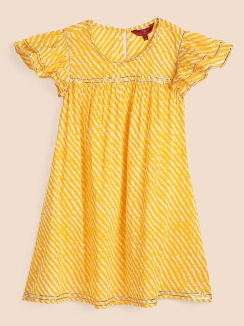 

House of Pataudi Girls Yellow & White Abstract Printed Gathered or Pleated Cotton A-Line