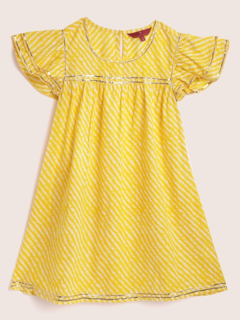 

House of Pataudi Girls Yellow & White Cotton Leheriya Print Rozana A-Line Dress