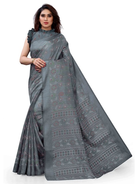 

KALINI Grey & Red Floral Printed Silk Blend Saree