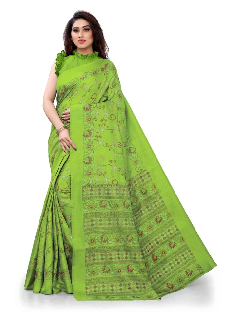 

KALINI Green & Red Floral Printed Silk Blend Saree